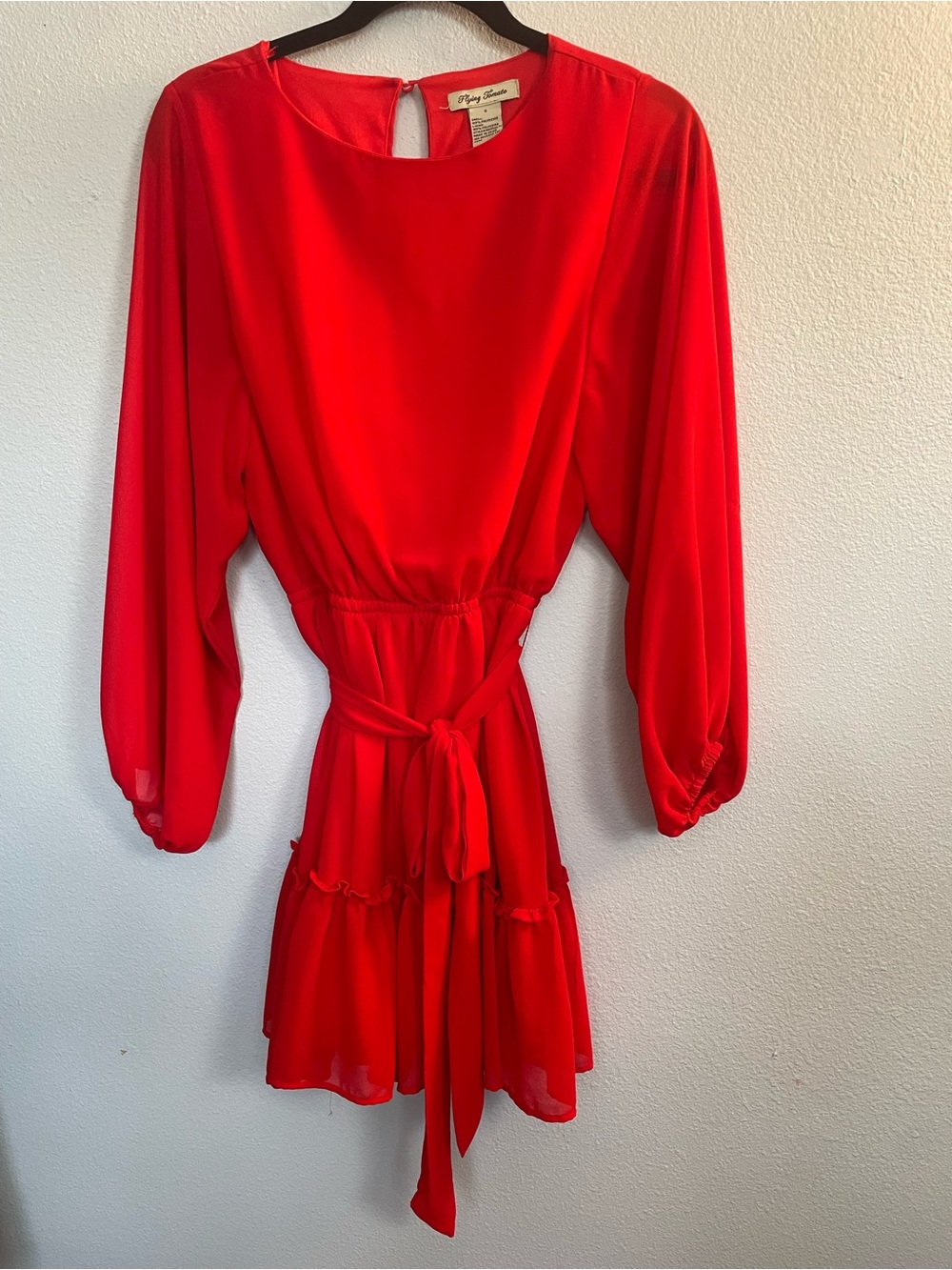 Flying Tomato Red Chiffon Ruffle Mini Dress Belted Long Sleeve Size Small
